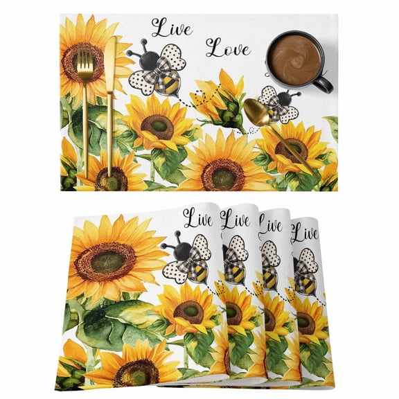Sunflower Placemats Set of 6, Bee Yellow Floral Summer Non-Slip Place Mats Washable Table Mats for Kitchen Dining Table Decorations Indoor/Outdoor