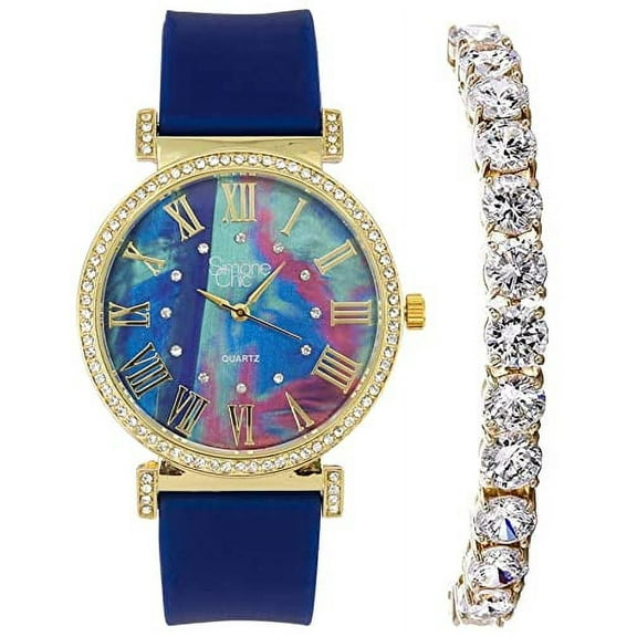 Stand Out Get Noticed! Big Face Ladies Bejeweled Rubber Iced Out Colorful Watch with Genuine Rhinestone Diamond Accents - Touch of Female Celebrity Glamour - ST10800T Navy Blue Tennis