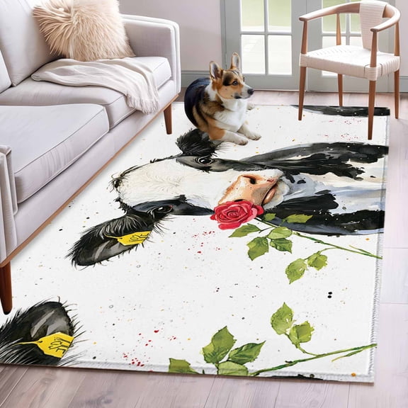 Black White Cow Area Rug 4x6 Washable Rug Non Slip Spring Farmhouse Animals Printed Red Floral Large Area Rug Indoor Floor Carpet for Entryway Bedroom Kitchen Living Room Home Office Dining Room