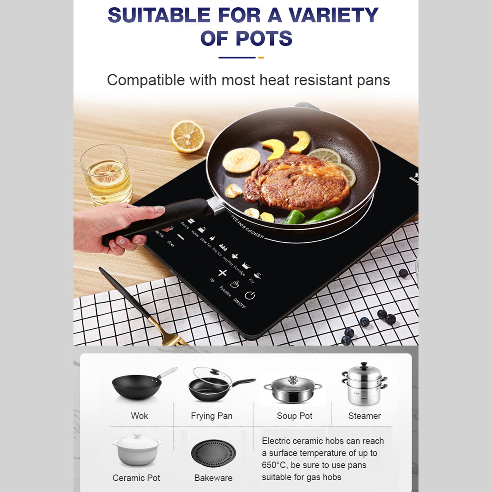 Portable Induction Cooktop Hot Plate Countertop Burner 2200W, 8 Temp Levels, Timer, Auto-Shut-Off, Touch Panel, LED Display, Auto Pot Detection, Child Safety Lock, 8 Preset Programs