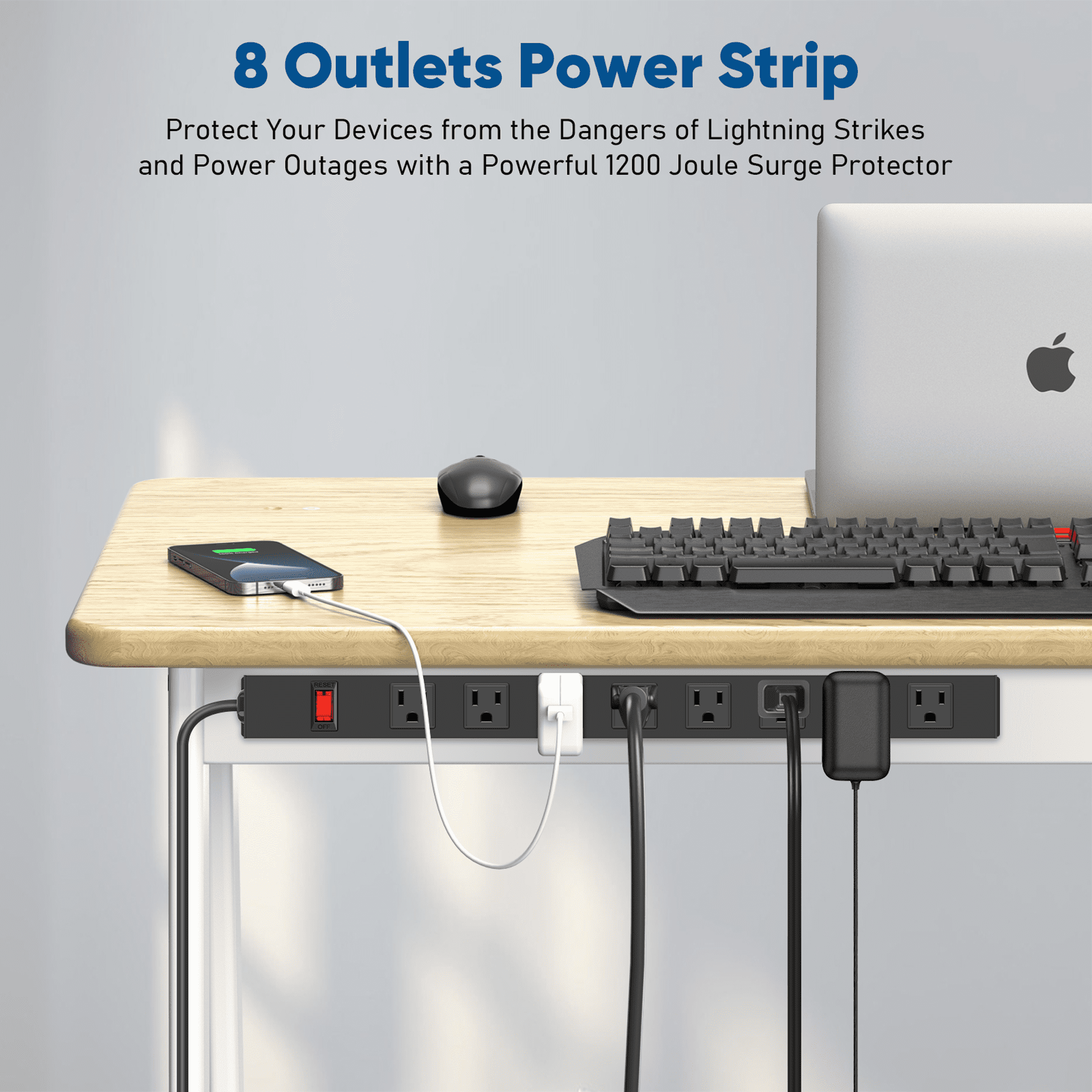 VILONG 10ft Power Strip Surge Protector Wall Mount with Long Cord, 8 Outlet, 15A 1875W 1200J, Adapter Plugs for Shop , ETL Certified, Black