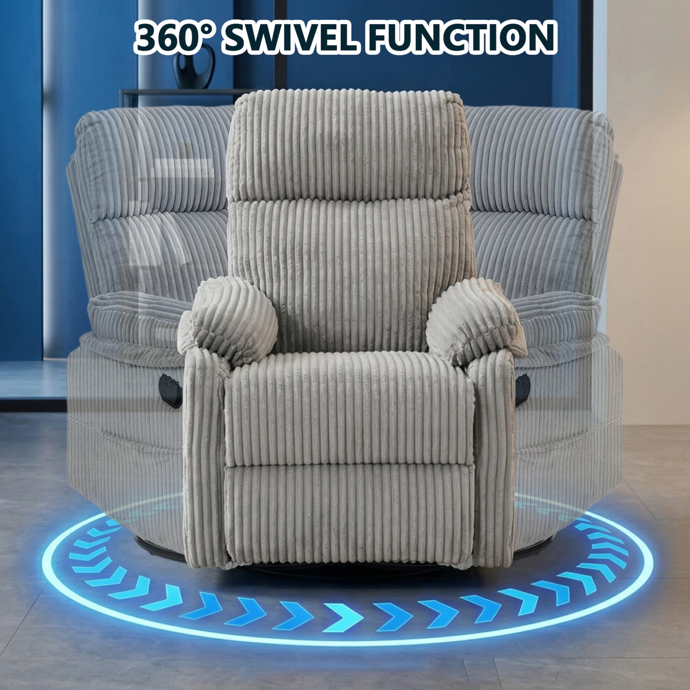 GDF Studio Louisa Compact Rocking Recliner for Nursery & Small Spaces, Modern Corduroy 360° Swivel Chair, Light Gray