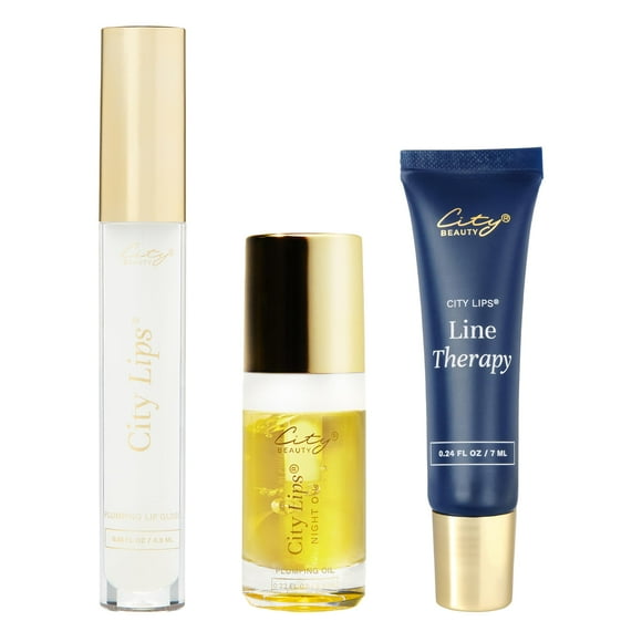 City Beauty Lip Fix + Bundle - Plumping Gloss 0.16oz, Line Therapy 0.23oz, Night Oil 0.24oz, Enhance Lips, Smooth Wrinkles, Hydrate Overnight for Youthful Look