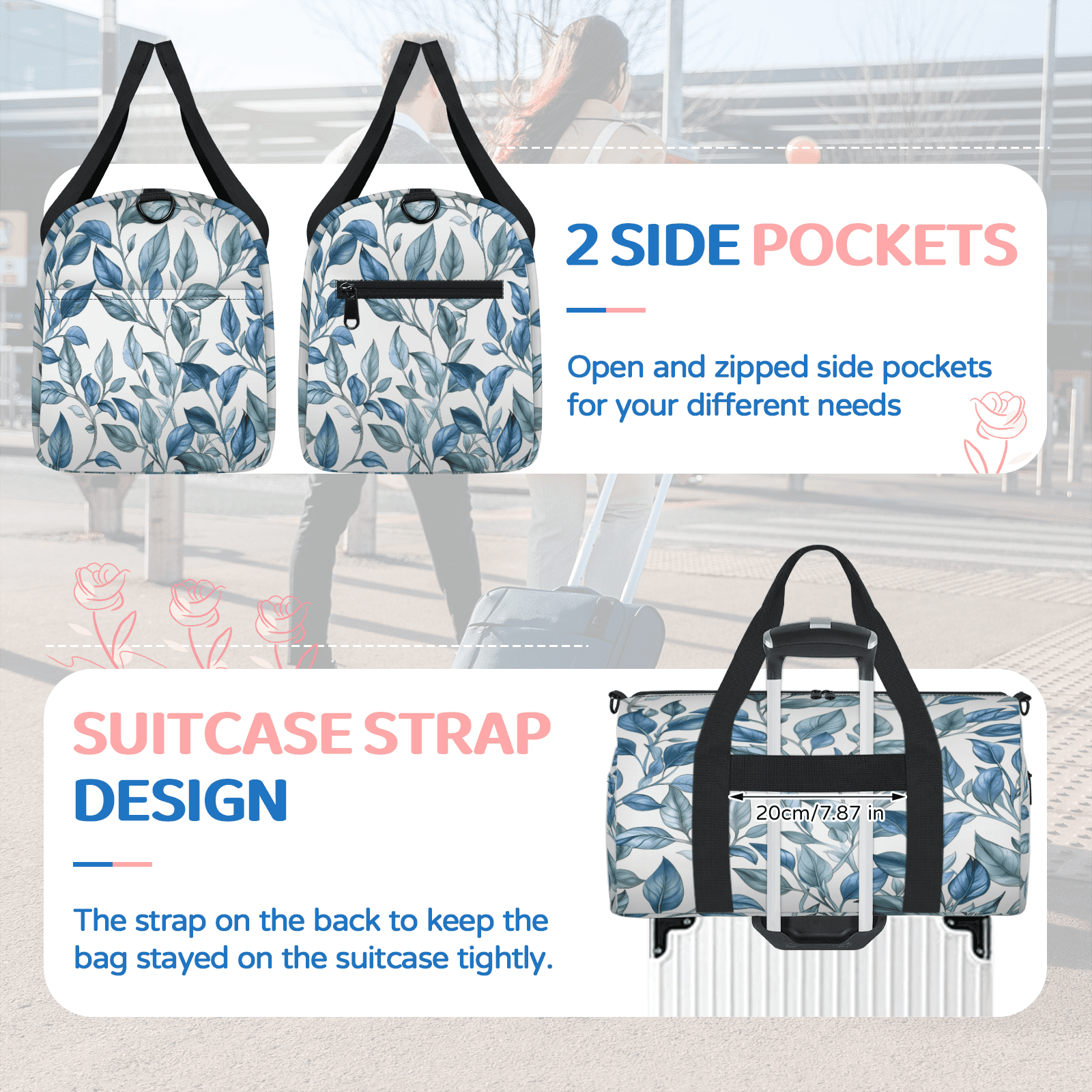 Herdesigns Leaf Gym Bag for Women, Duffle Bag for Travel Sport, Lightweight Waterproof Carry on Weekender Overnight Dance Yoga Workout Bags
