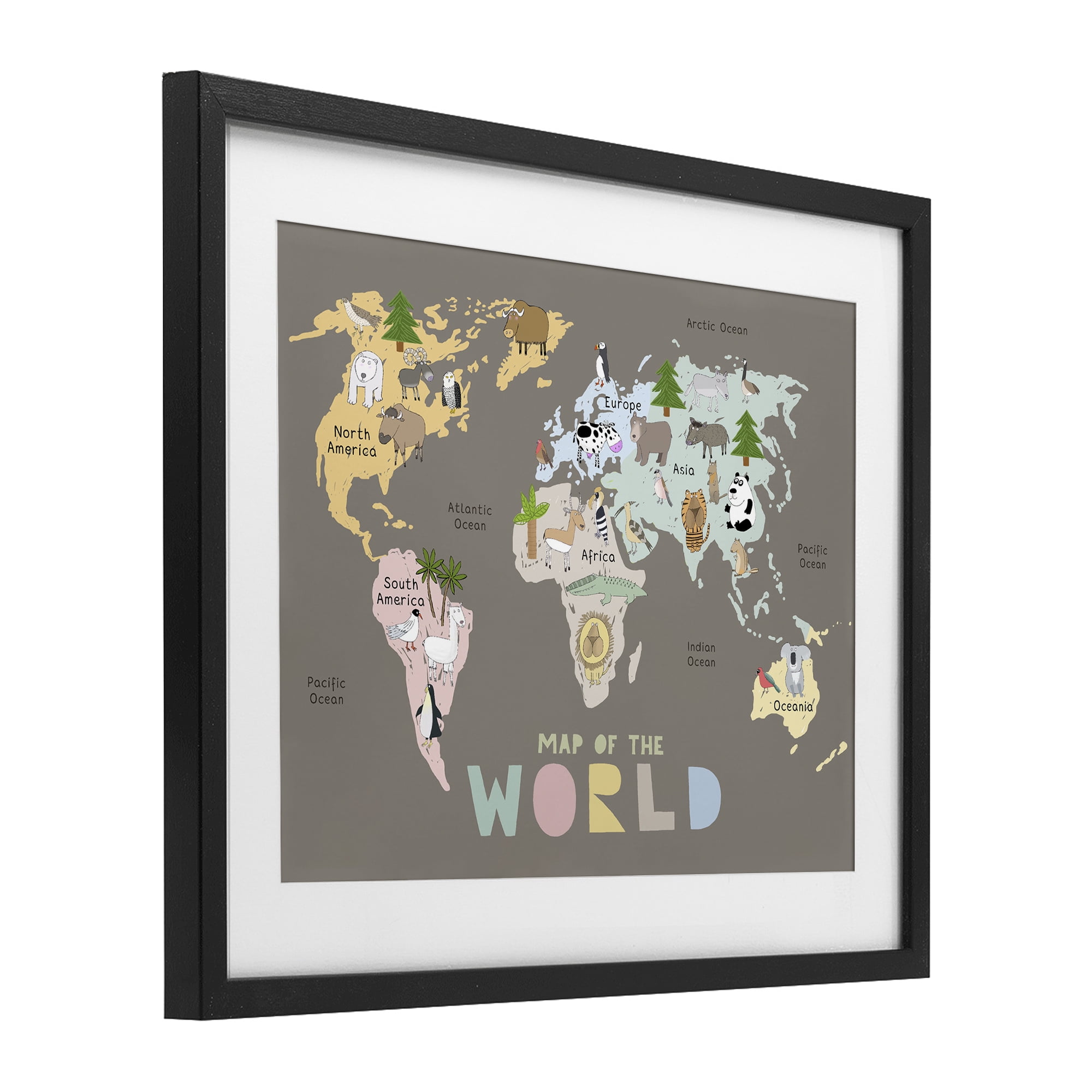 Kid's Map Of World Brown Black Framed Print Under Glass, design by Carla Daly