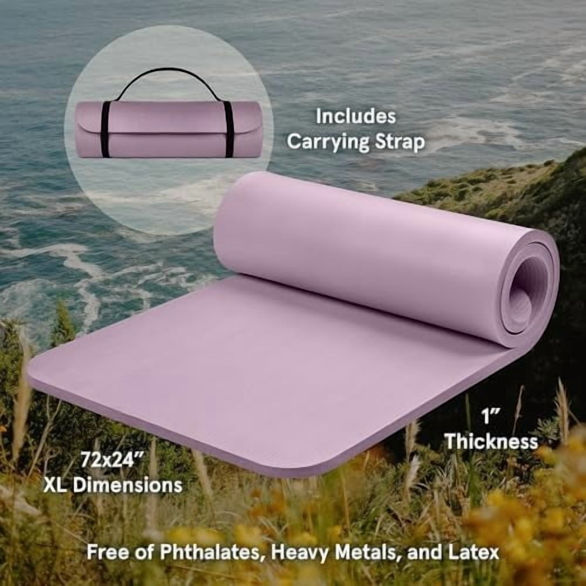 Solana Yoga Mat 1" Thick w/Nylon Strap for Men & Women - Non Slip Exercise Mat for Home Yoga, Pilates, Stretching, Floor & Fitness Workouts Violet Haze,1 inch