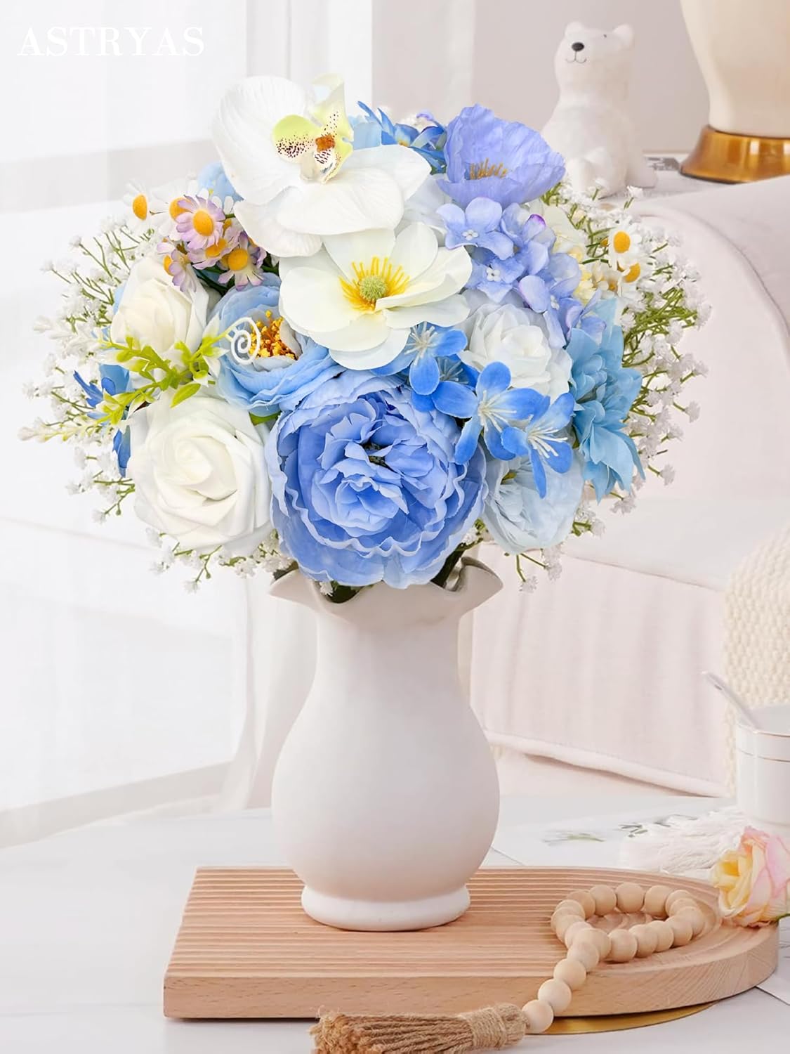 Blue Artificial Flowers Combo Box Set, Baby Blue Silk Peonies Dahlia Roses with Stems for DIY Bridal Wedding Bouquets Baby Shower Floral Arrangements Centerpiece Table Party Home Decorations