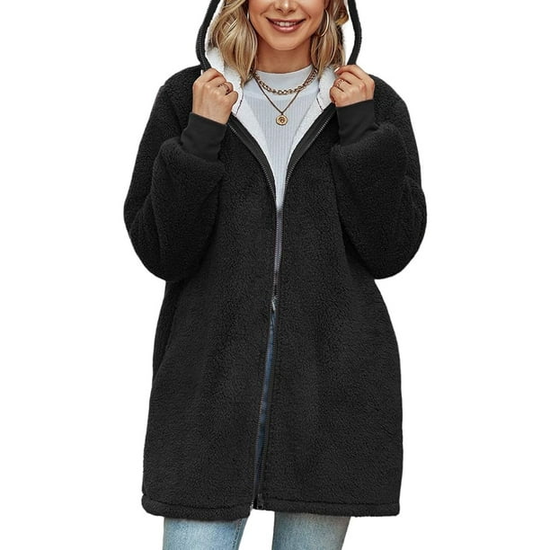 Abrigo de lana de peluche para mujer, chaqueta con capucha de gran tamaño con capucha de invierno