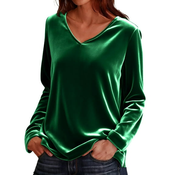 Huankd Velvet Tops for Women Long Sleeve V Neck Loose Fit Casual Dressy Blouses Fall Winter 2025 Soft Velour Shirts Green XL