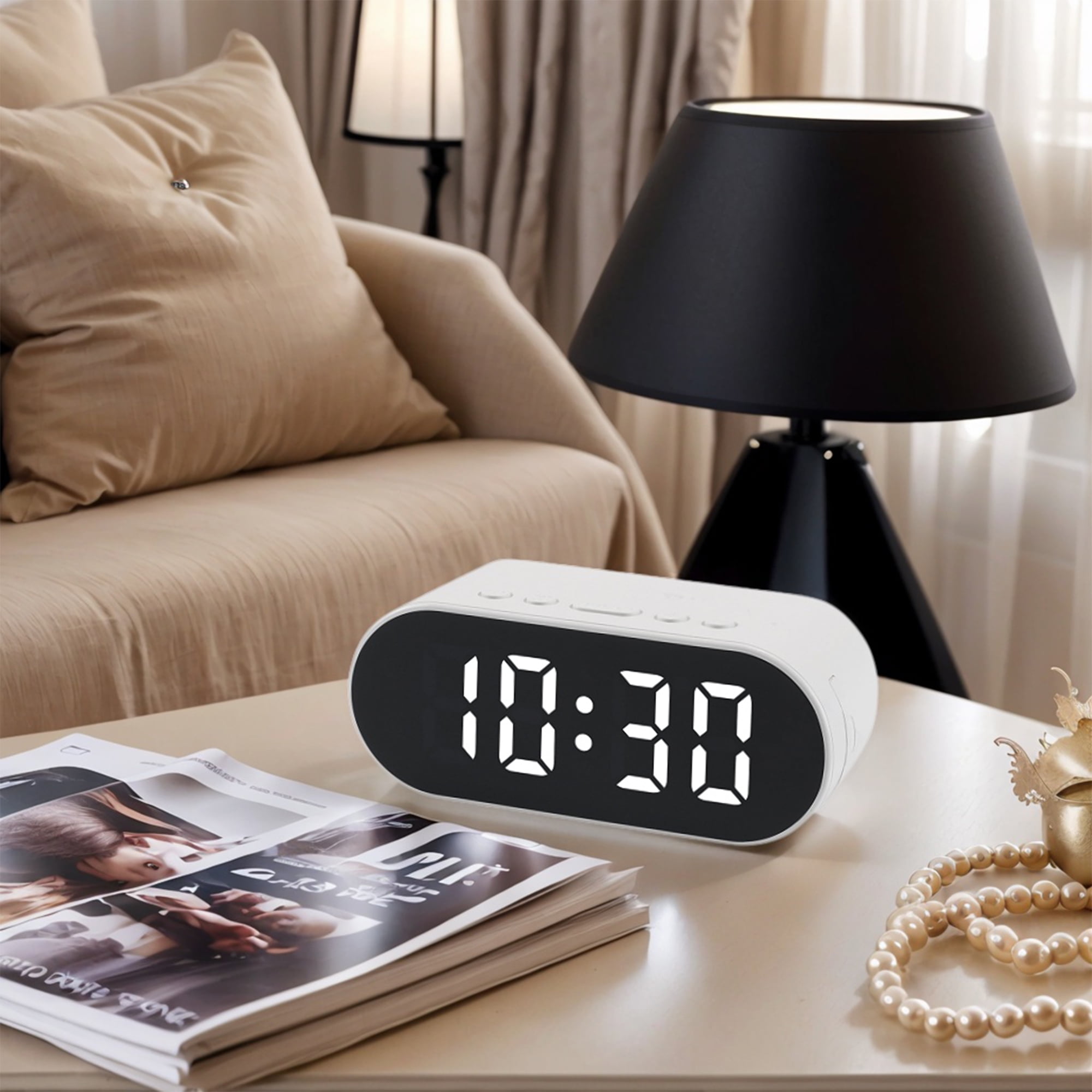 Unique Bargains Adjustable Volume Compact Digital Alarm Clock White 4.1"L x 1.6"W x 1.6"H