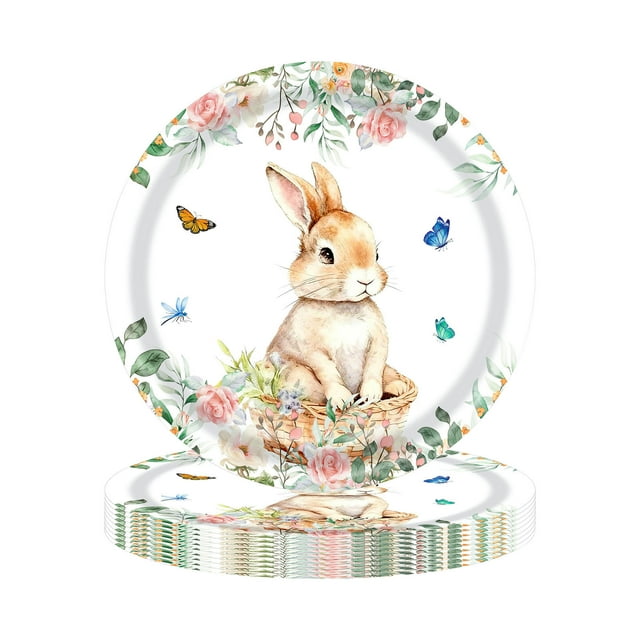 B Easter Party Plates With Floral Bunny Motif, Disposable Tableware For Festive Dining, Spring Gatherings And Special Occasions, 20Pc 7In Plates