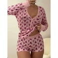thumbnail image 4 of Michellecmm Women Long Sleeve Pajama Set, Heart Print V-neck Button Closure T-shirt with Shorts Sleepwear Loungewear, 4 of 7