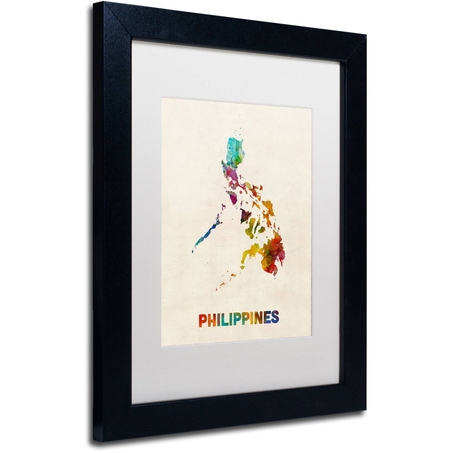 Trademark Fine Art "Philippines Watercolor Map" Canvas Art by Michael Tompsett, White Matte, Black Frame