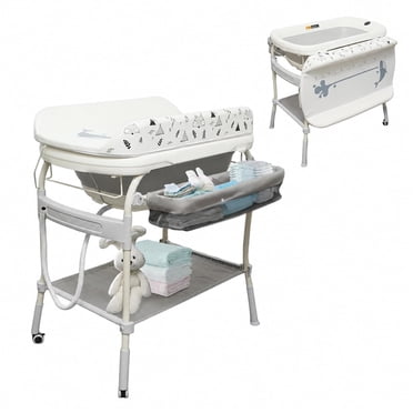 Linor 2 in 1 Bathtub with Changing Table, Waterproof Diaper Changing Station Portable Changing Table Adjustable Height Nursery Organizer with Storage Racks