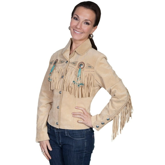 Scully Leather Womens Beaded Fringe Conchos Boar Suede Jacket Chamois XL
