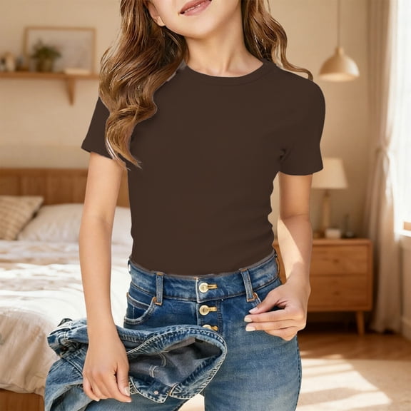 Girls Summer Slim Fit Ribbed Knit Crew Neck Short Sleeve Tee Top Basic Casual Wear For Kids Short Sleeve Shirt for Girls Tees Kids Tshirts Clothes Summer Tops T-Shirt