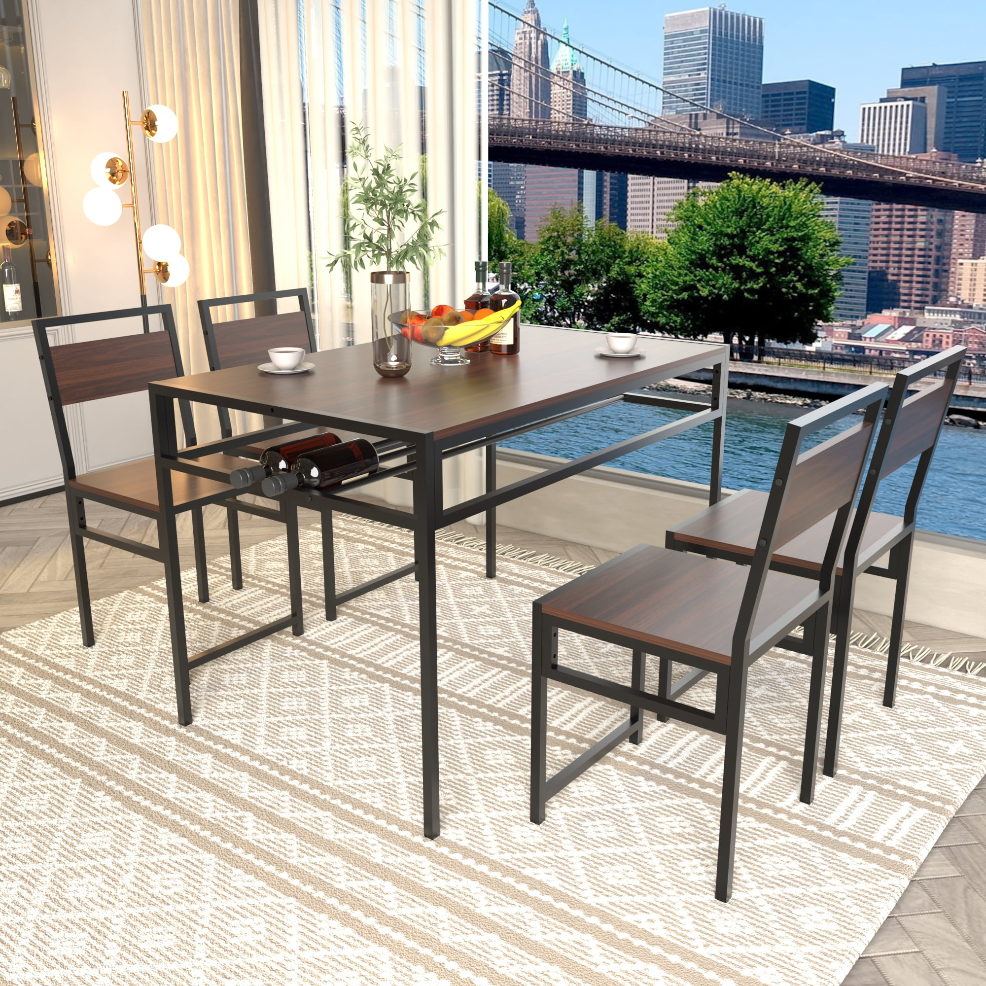 HOQBN 5 Piece Dining Table Set,Industrial Wood Rectangular Kitchen Table with 4 Chairs and Built-in Wine Storage Rack,Space Saving Metal Frame Dinner Furniture for Apartment Kitchen Dining Room