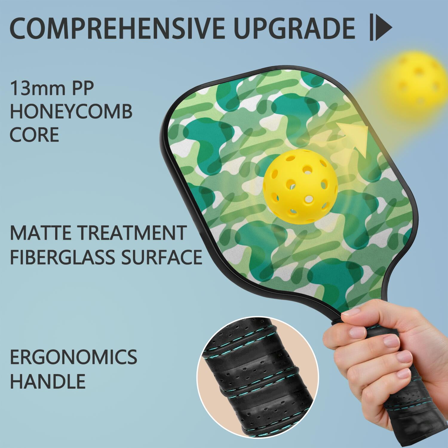 Pickleball Paddles Set Of 1, Fiberglass Surface, Camouflage Print, 1 Paddle, 2 Balls & Bag