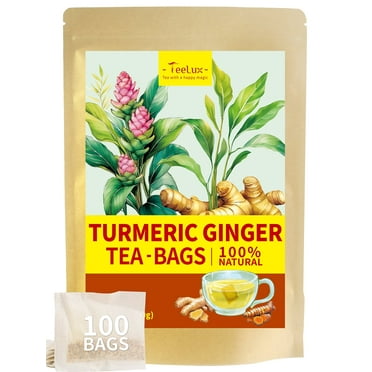 TeeLux Turmeric Ginger Tea Bags, Turmeric Ginger Herbal Tea, Spicy & Smooth Flavor, Caffeine Free, 100 Count