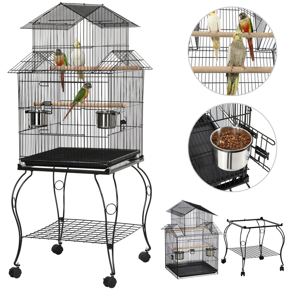 Alden Design 55" H Metal Rolling Bird Cage with Triple Roof Detachable Stand for Birds Finches Lovebirds Canaries Cockatiels Conures Parakeets, Black