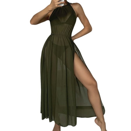 

Yuemengxuan Women s Perspective Beachwear Sleeveless Pure Color Long Dress