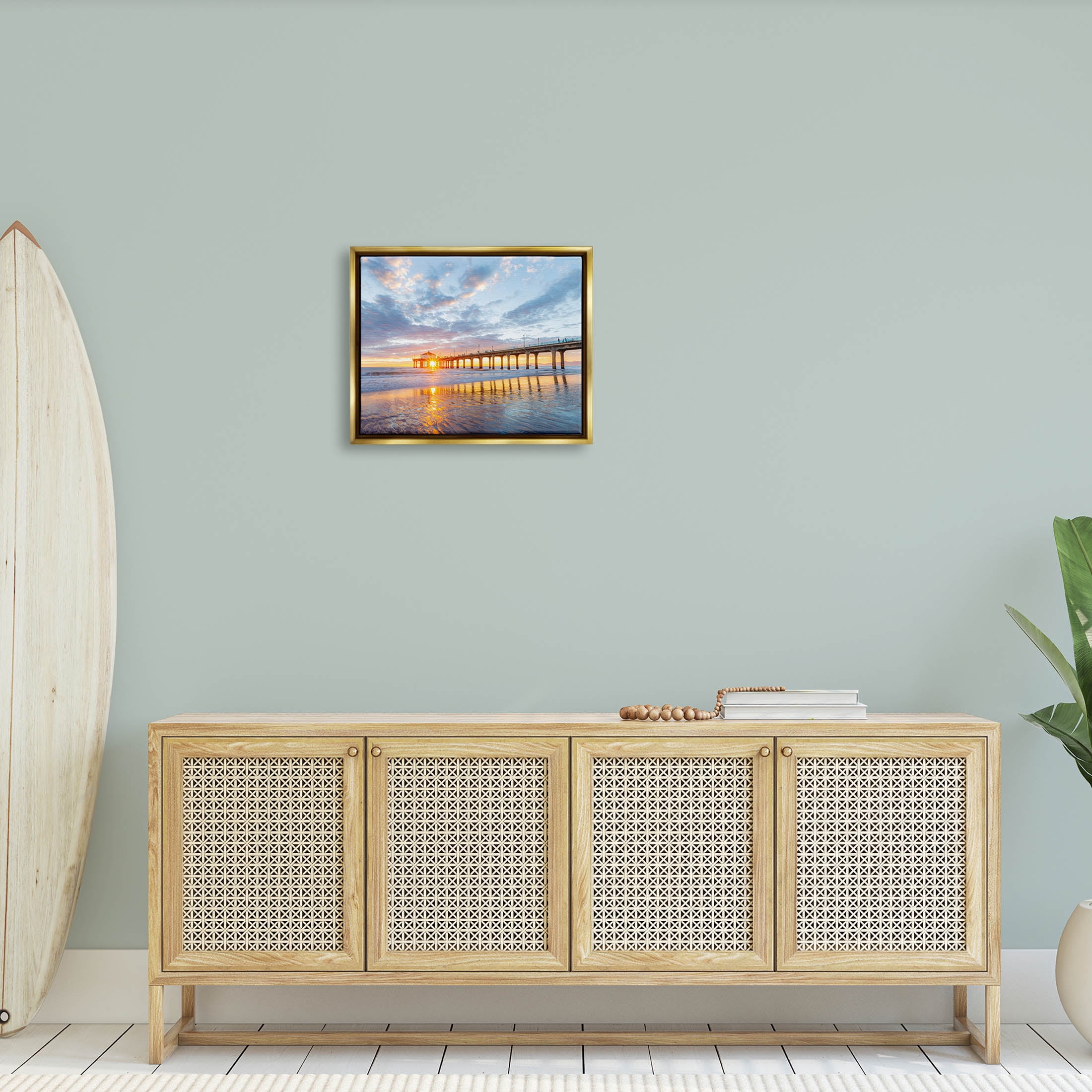 Ocean Pier Sunrise Reflection Coastal Photograph Metallic Gold Framed Art Print Wall Art