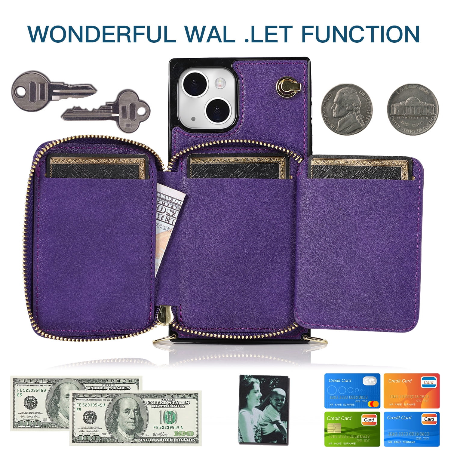 TECH CIRCLE For iPhone 7 / 8 / SE 2022 & 2020 Wallet Case,Card Holder Phone Case for Women, Zipper PU Leather Purse Kickstand Folio Flip Case with Crossbody Strap for Apple iPhone 7 8 SE 2022,Purple