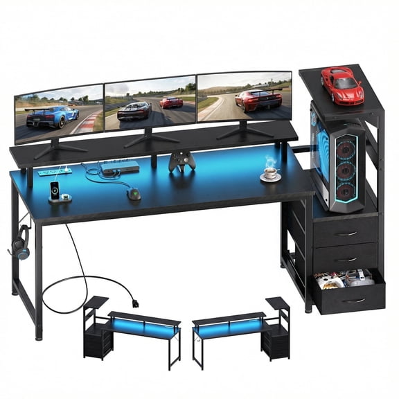 edx 59" Gaming Desk, USB Ports & LED Lights, Reversible Table with Monitor Stand for Home Office, Carbon Fiber Black
