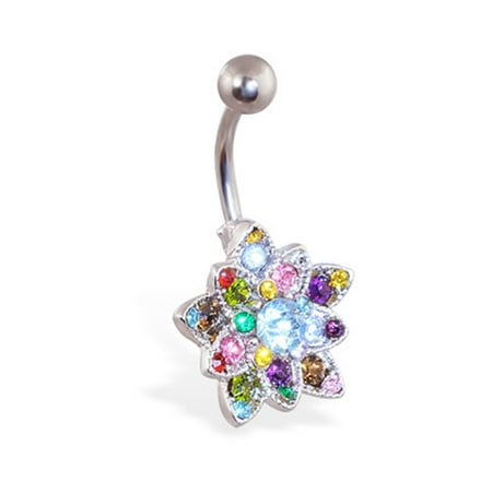 Multi Color Jeweled Flower - Small Multicolor Jeweled Flower Belly Button Ring