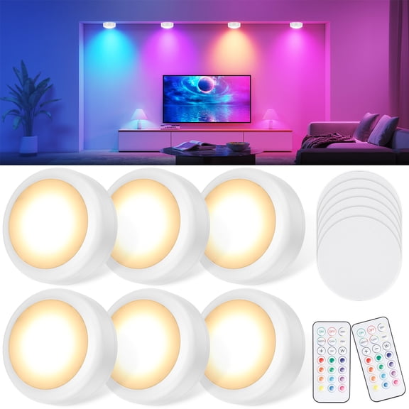 6 Pcs Puck Light with Remote Control Push Light Ideal 13 Lighting Color LED Stick On Lights Dimmable and Timing Function for Kitchen Closet Shelf Wall