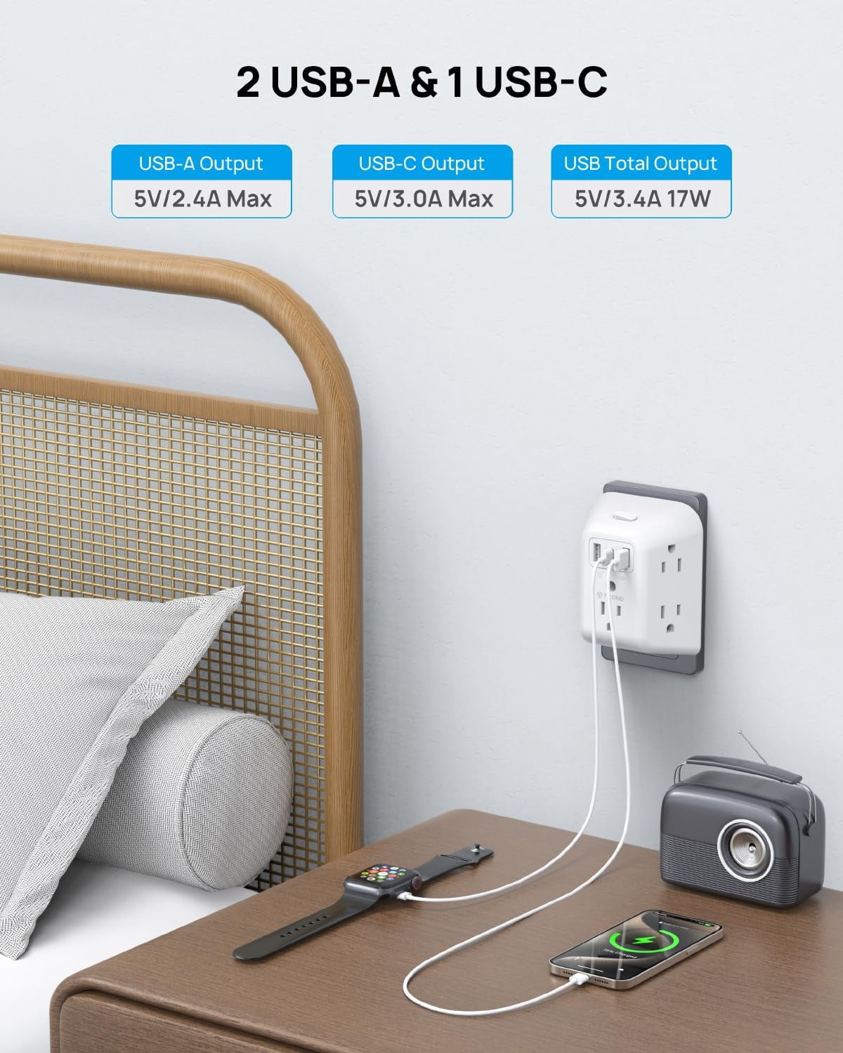 Surge Protector Outlet Extender - 5 Outlet Splitter with 3 USB Ports (1 USB C), Multi Plug Expander with ON/Off Switch, 3 Sided Multiple Wall Plug Power Strip for Home Travel Office
