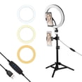 thumbnail image 1 of Amdohai 10 Inch Metal LED Ring Light 3 Modes 10 Levels Brightness USB Powered with 50cm Light Stand + Ballhead Adapter + 2pcs Flexible Phone Holder for Live Streaming Video Recording Network Broadc, 1 of 7