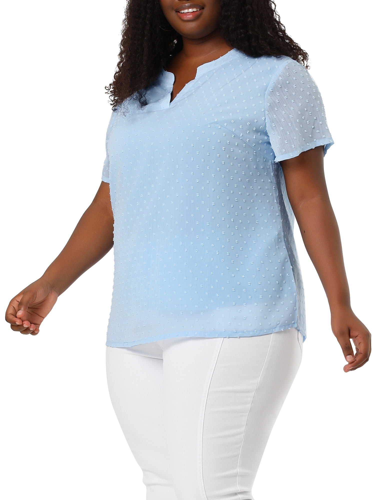 Unique Bargains Women's Plus Size Outfits Fashion Solid Pin Dots V Neck Top 4X Blue