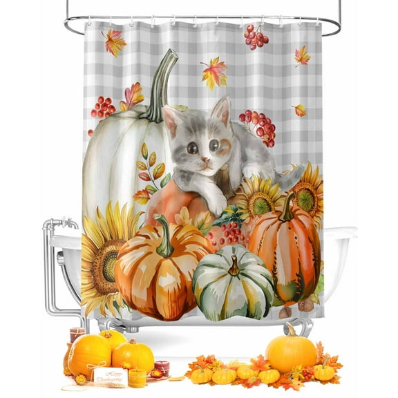 Thanksgiving Pumpkin Shower Curtain Set ，Waterproof Fabric Shower Curtains Cat Fall Botanical Sunflower Grey Plaid Shower Curtains for Bathroom,Bathroom Decor 36"x72"