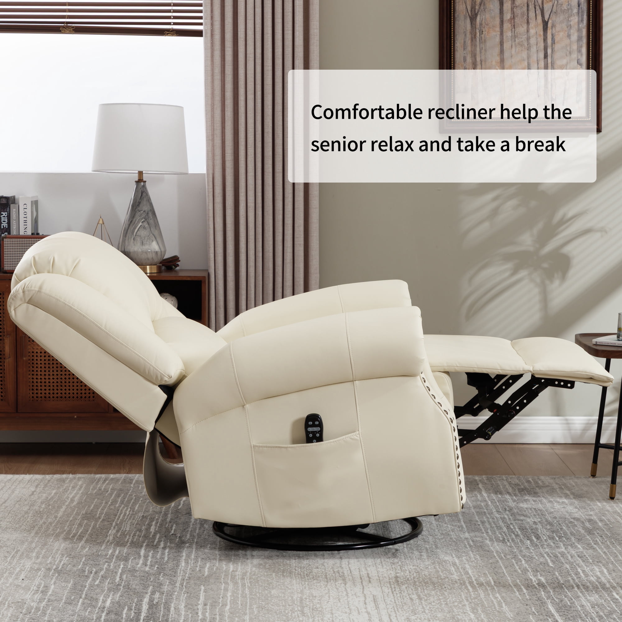 Leumius Oversized Swivel Recliner Chair for Adults,Swivel Rocker Recliner with Vibration Massage and Lumbar Heating for Living Room,Rivet Design,Beige