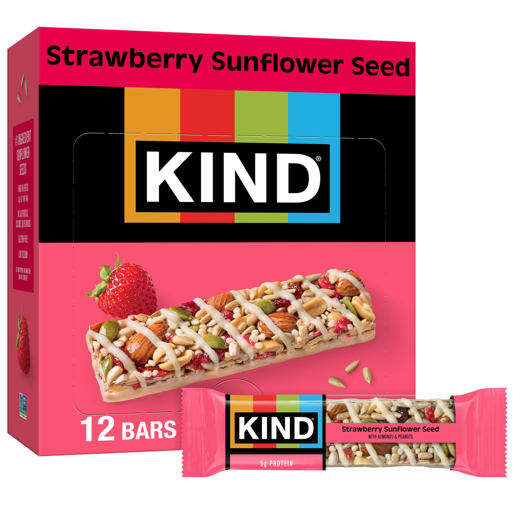 KIND Snack Bars, Strawberry Sunflower Seed, Gluten Free, High Fiber, 1.4oz, 12 Count