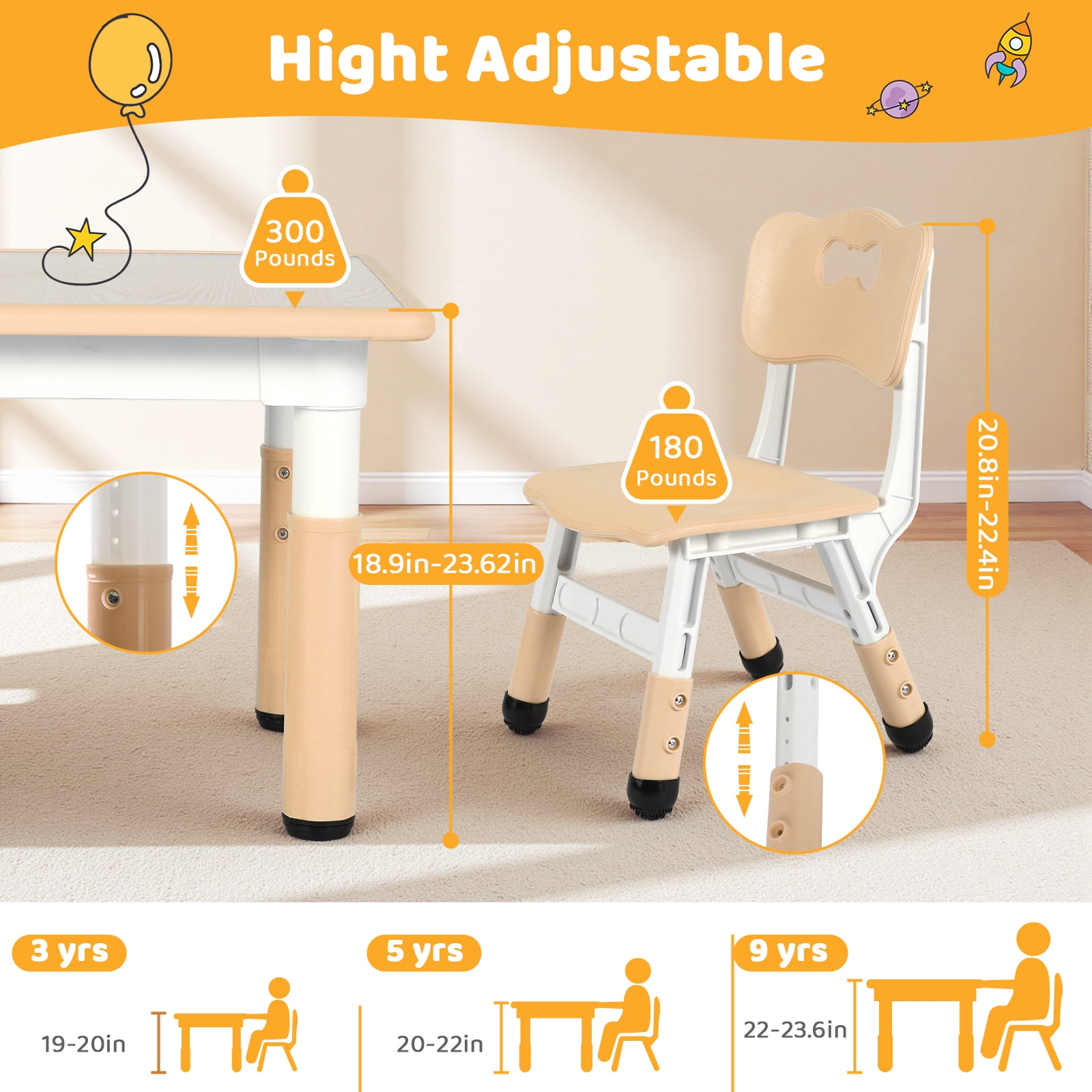Arlopu Kids Table and 2 Chairs Set with Graffiti Desktop, Height Adjustable Toddlers Table and Chairs Set, Kids Activity Table for Home/Nursery/Daycare/Classroom
