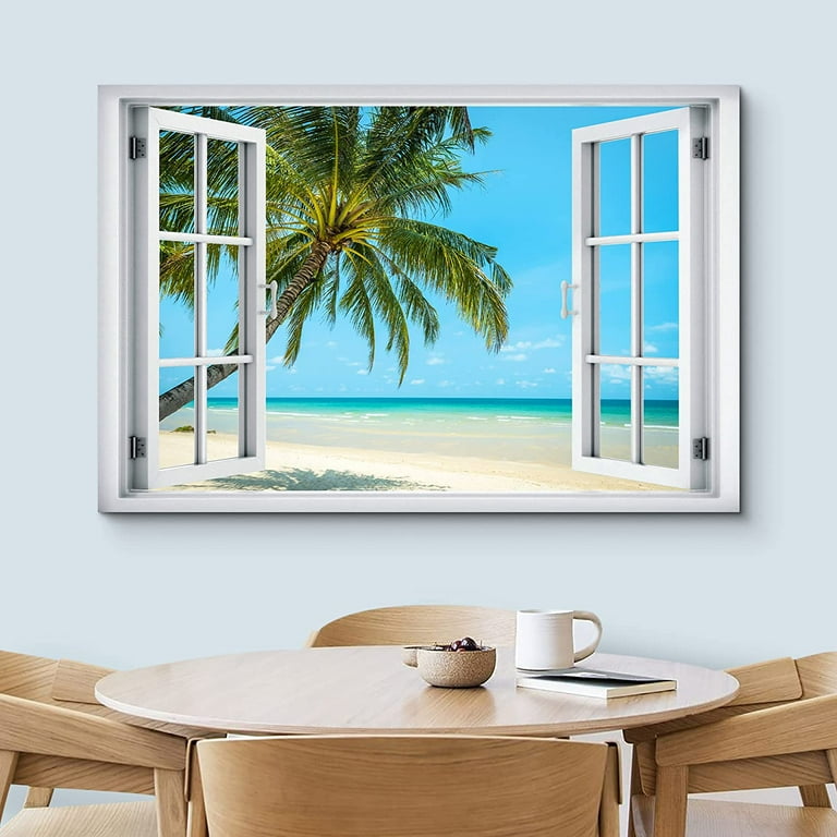 wall26 Canvas Print Wall Art Window View Tropical Palm Tree Beach