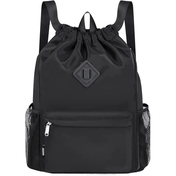WANDF Drawstring Backpack Sports Gym Bag with Shoes Compartment, Water-Resistant String Backpack Cinch for Women Men (Large,Black)