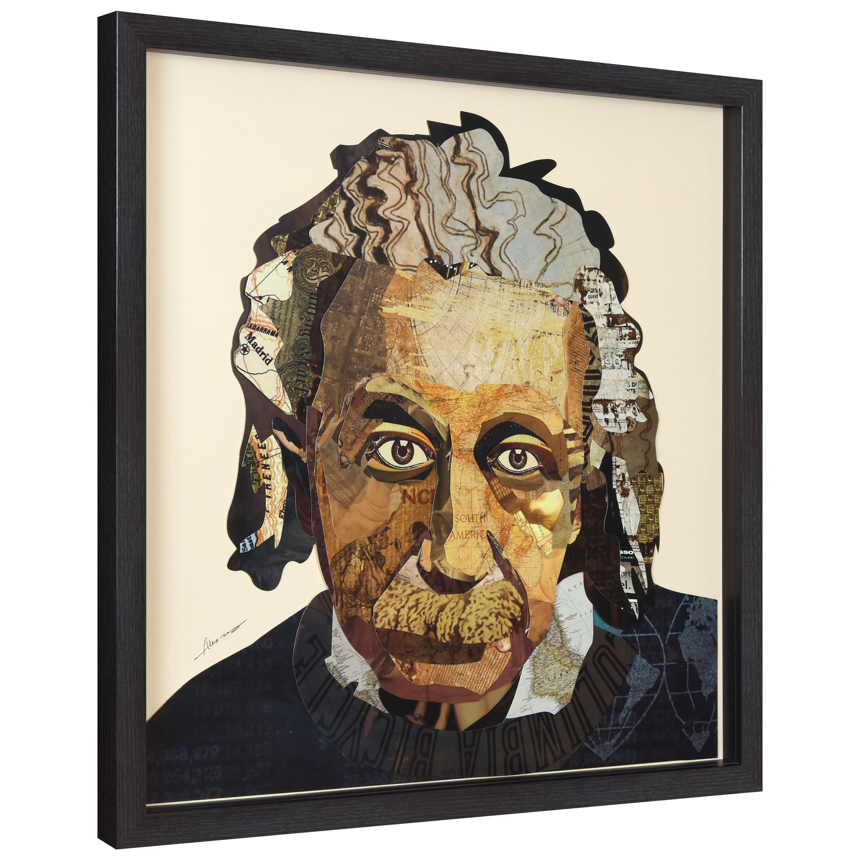 "Einstein" Alex Zeng’s dimensional collage, under glass & a black shadow box frame