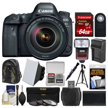 Canon EOS 6D Mark II Wi-Fi Digital SLR Camera + EF 24-105mm f/4L IS II USM Lens + 64GB Card + Backpack + Flash + Battery/Charger + Tripod + Filters (Best Card For Canon 6d)