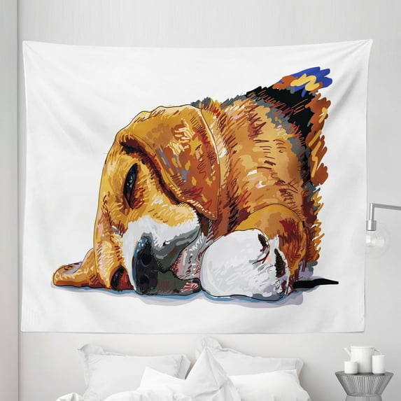 Beagle Tapestry, Dog Sleeping Canine Friendly Animal Companion Puppy Love Illustration, Fabric Wall Hanging Decor for Bedroom Living Room Dorm, 5 Sizes, Cinnamon Brown White, by Ambesonne