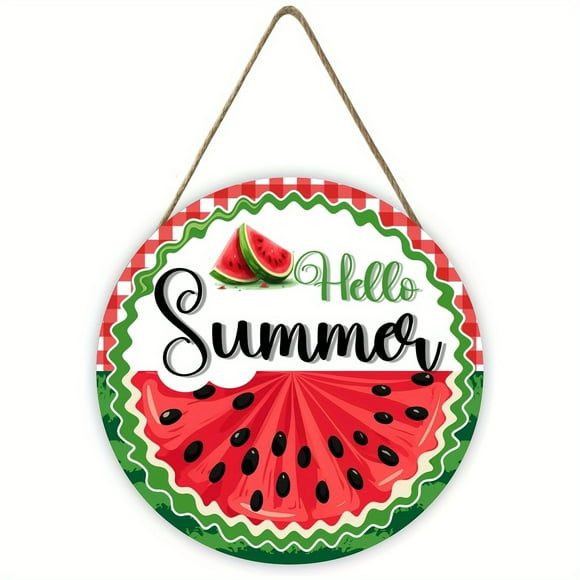 1pc, Wooden Round Hello Summer Watermelon Door Sign (12 inches Diameter), Rustic Summer Welcome Wreath Decor, Hanging Festive Front Porch Decoration with Rope, Outdoor Seasonal Wall Decor
