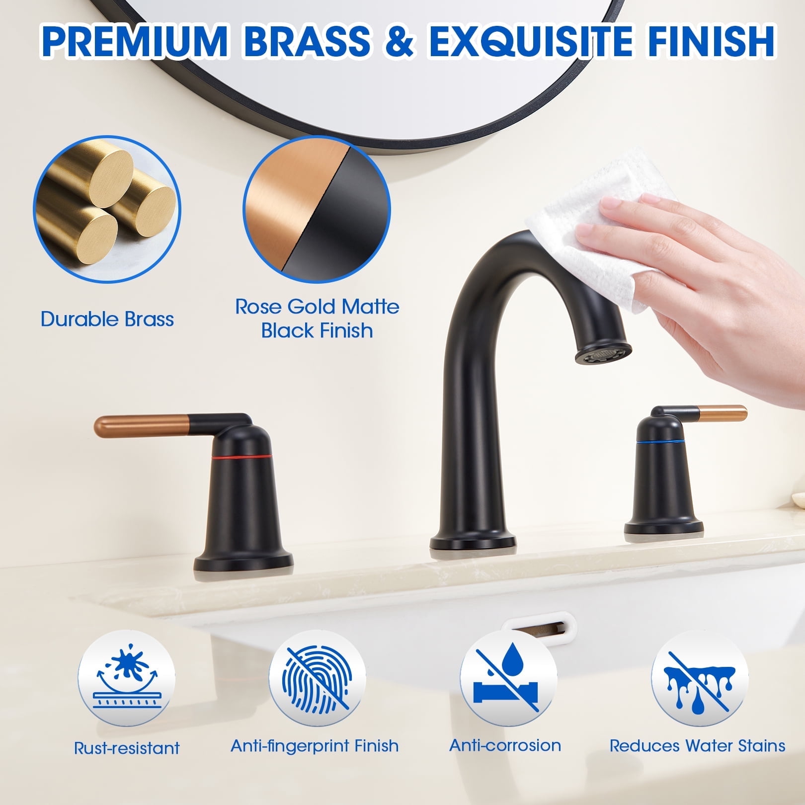 Wowkk Sanitary Ware Brass Bathroom Sink Faucet 2 Handles Widespread Bathroom Faucet 3 Hole, Pop-Up Drain and cUPC Supply Lines Included, Basin Faucets for Vanity Rv Restroom, Rose Gold Matte Black