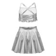 thumbnail image 3 of YiZYiF 2Pcs Girls Glittery Sequins Jazz Dance Suit Cheerleading Crop Top with Pleated Mini Skirt Silver 6, 3 of 6