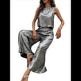 thumbnail image 3 of Conjunto de Dos Piezas de Verano para Mujer: Top Corto Sin Mangas con Cuello Redondo y Pantalones Anchos con Bolsillos Plata S, 3 of 9