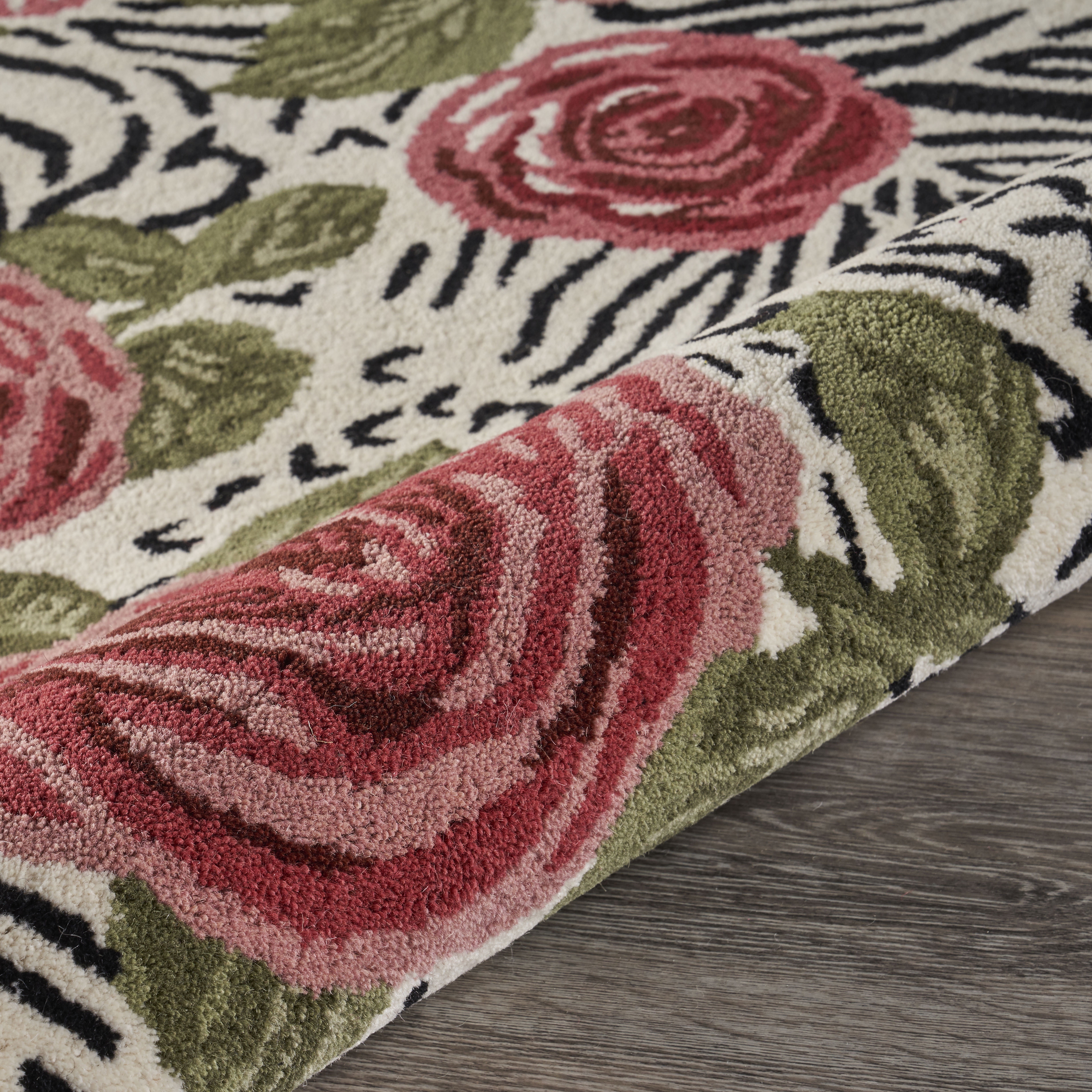 Ox Bay Talia 4' Round Ivory/Black Animal Print with Roses Wool Indoor Area Rug