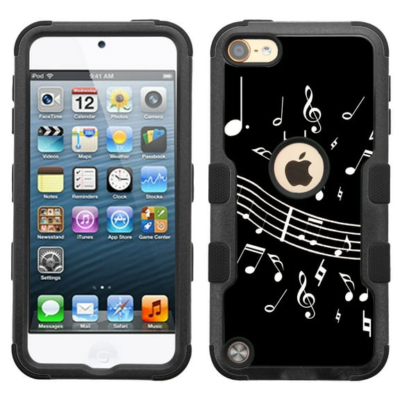 One Tough Shield ® 3-Layer Hybrid Case (Black w/Black Silicone) for Apple iPod Touch 5 5th / 6 6th Generation - Music Notes / Black