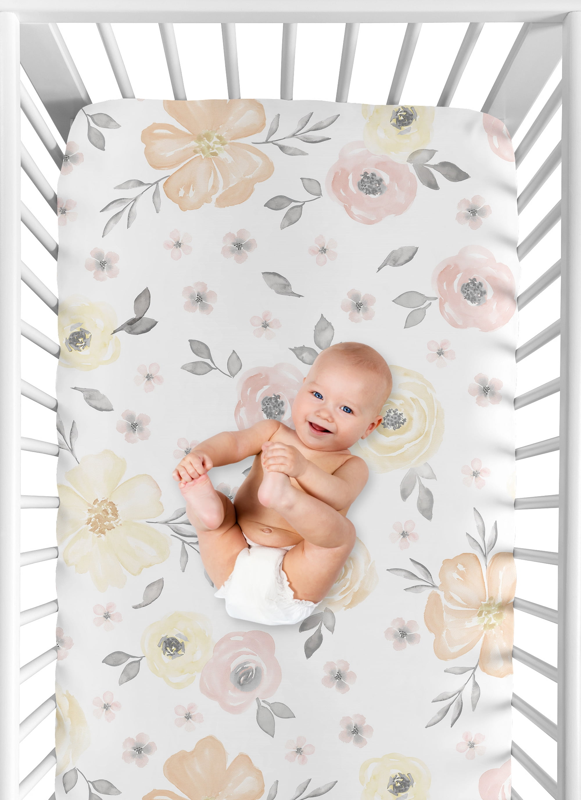 Watercolor Floral Yellow And Pink Fitted Crib Sheet by Sweet Jojo Designs