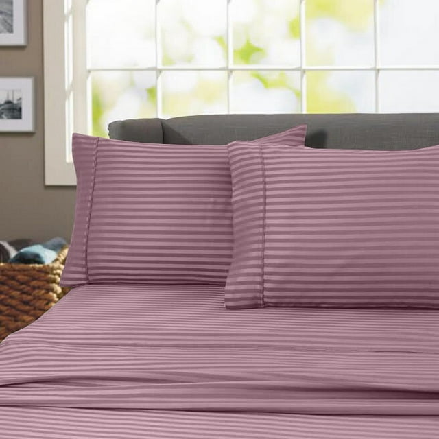 Ensemble de Draps à Rayures 600 Fils 100 % Coton Infroissable (Simple TG, Violet)